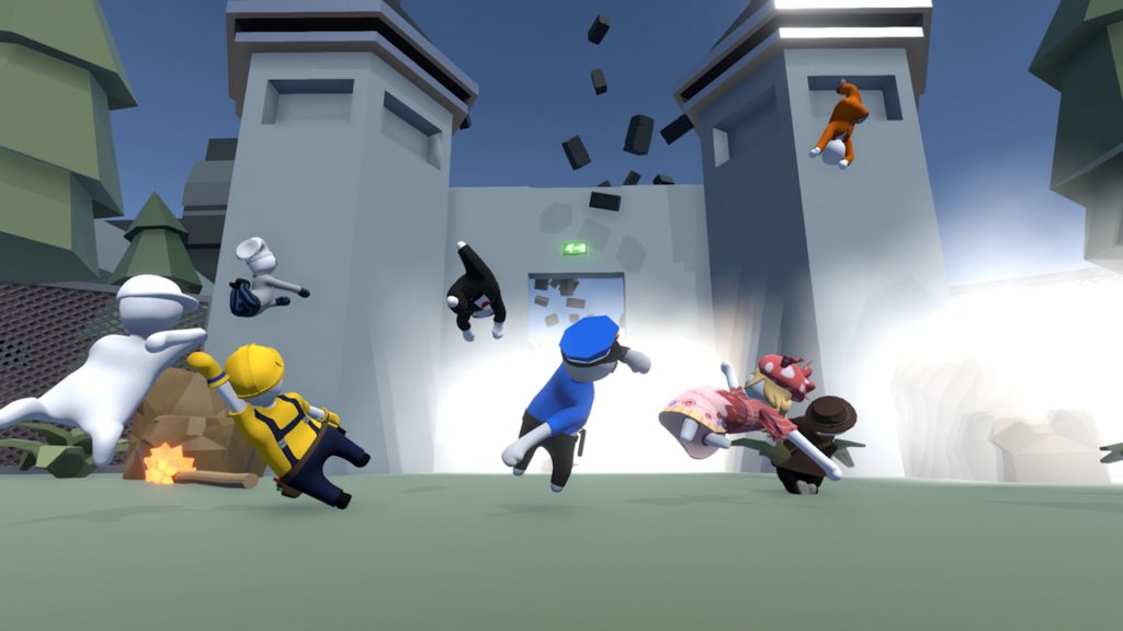 Costumed characters tumbling between industrial platforms in Human: Fall Flat.
