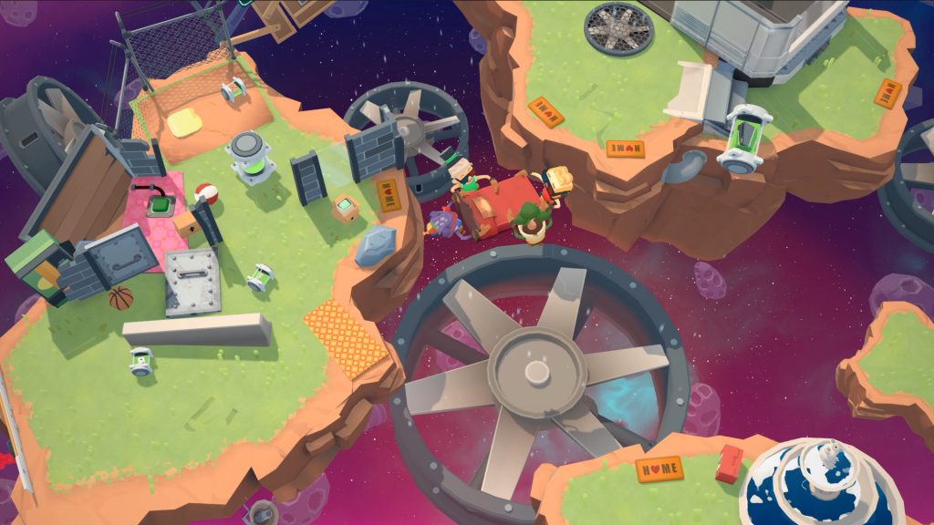 An overhead view of moving obstacles and furniture-delivery platforms in Moving Out.