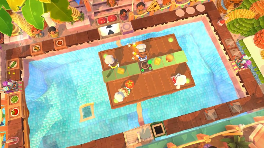 Chefs preparing food on kitchen platforms separated by water in Overcooked! 2.