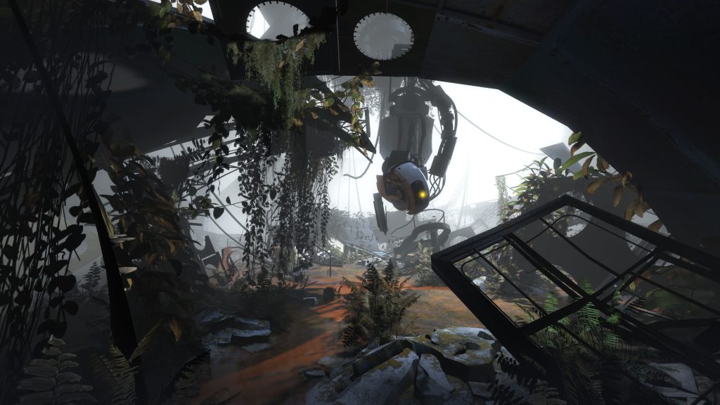 A damaged test facility with overgrown vegetation and broken structures in Portal 2.