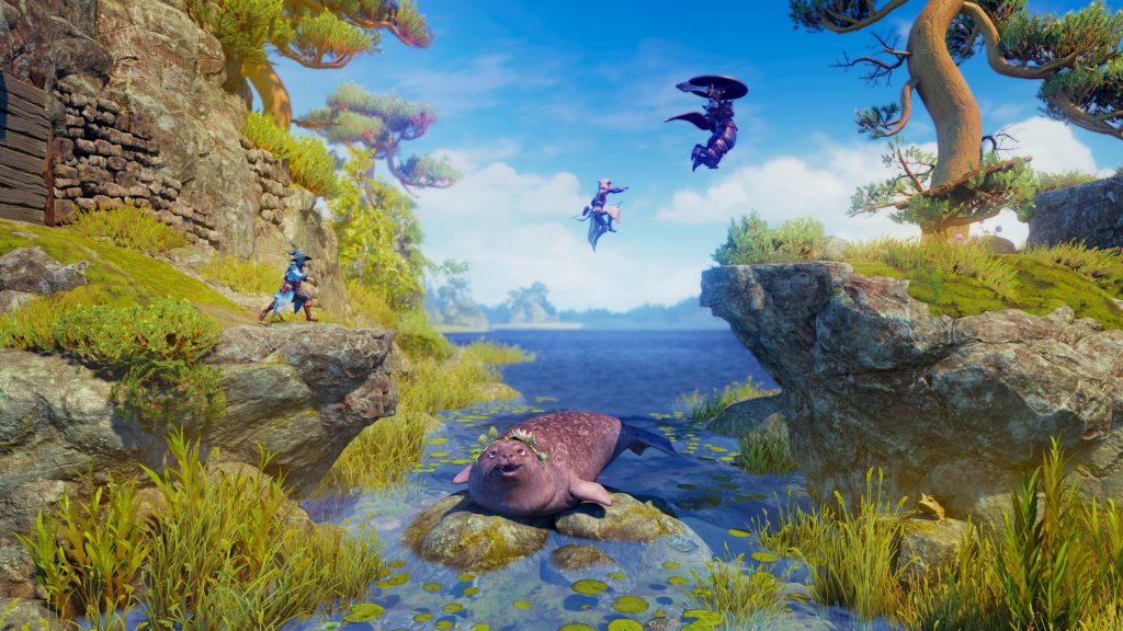 A colourful fantasy landscape with rocky platforms and water in Trine 4: The Nightmare Prince.