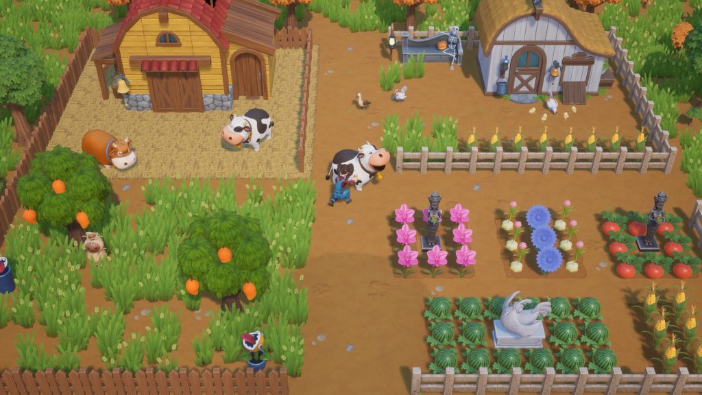 Farm animals, vegetable plots and a barn in Coral Island.