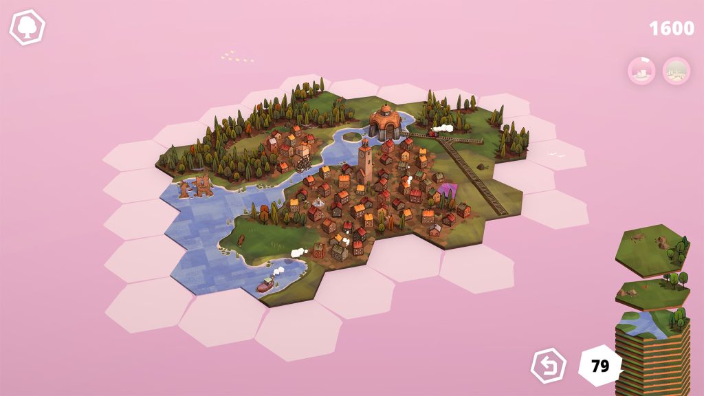 A growing landscape of hexagonal village and countryside tiles in Dorfromantik.