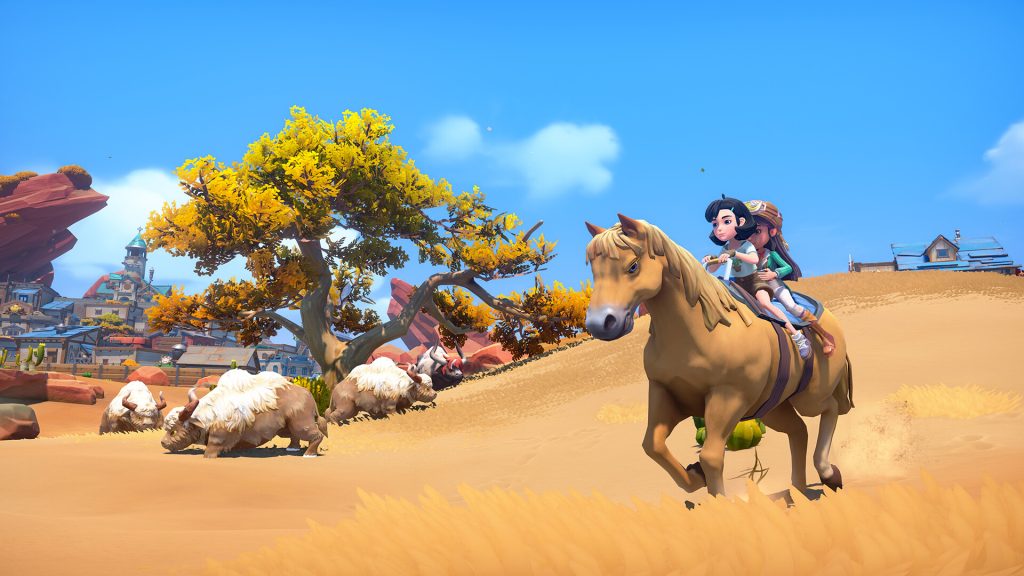 A rider crossing a desert landscape on horseback in My Time at Sandrock.