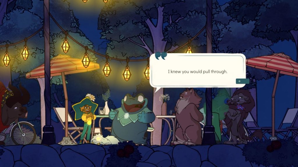 Passengers gathered beneath lanterns on a boat at night in Spiritfarer.