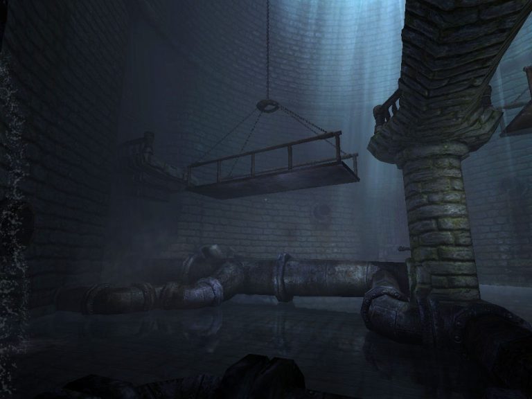A dim stone interior with stairs and brick pillars in Amnesia: The Dark Descent.