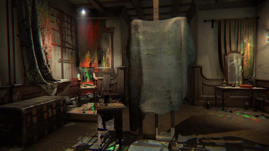 An easel and chair inside a cluttered painter’s studio in Layers of Fear (2016).