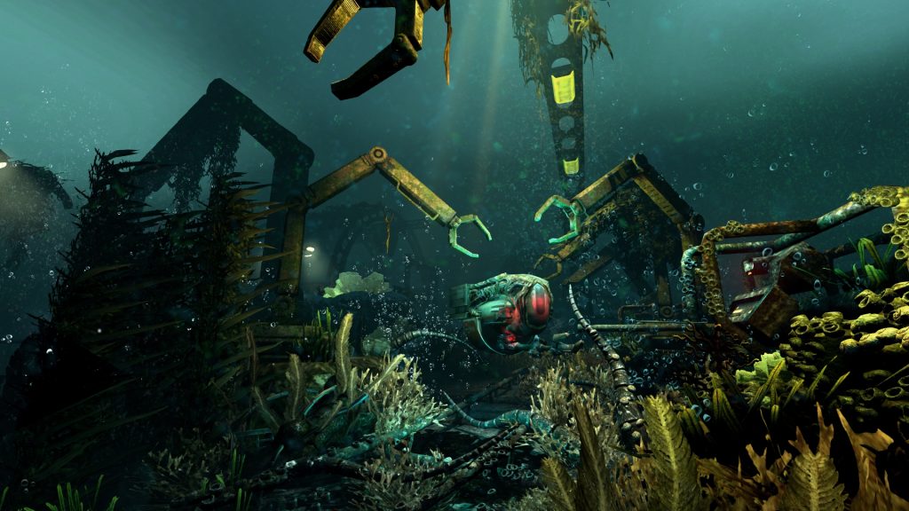Underwater industrial machinery surrounded by sea life in SOMA.