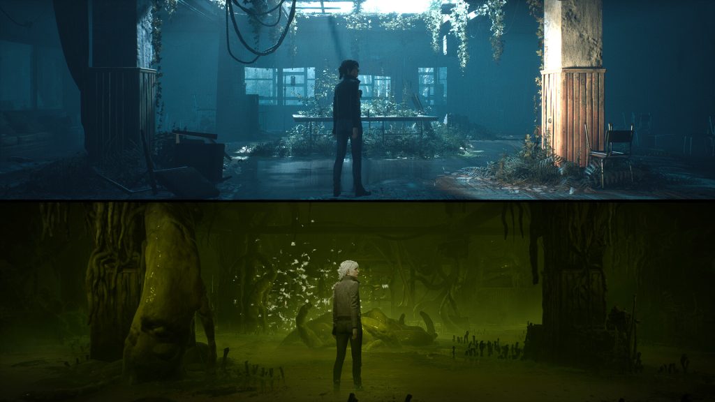 Split-screen views of a forest in the physical world and spirit realm in The Medium.