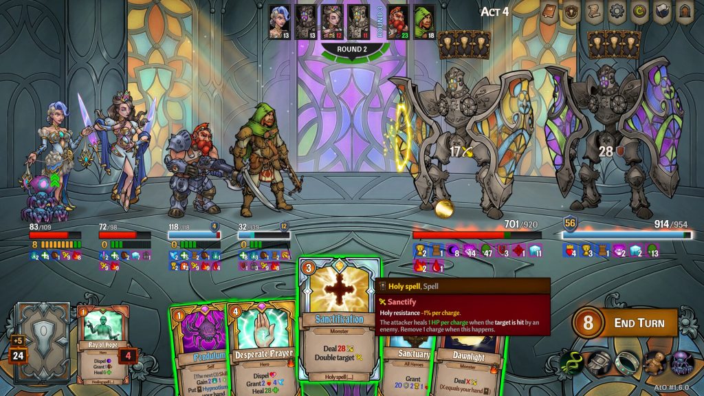 A party facing enemies above a row of playable cards in Across the Obelisk.