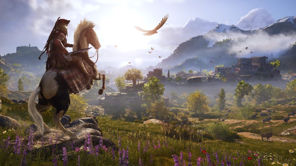 An eagle and a warrior overlooking a Greek landscape in Assassin's Creed Odyssey.