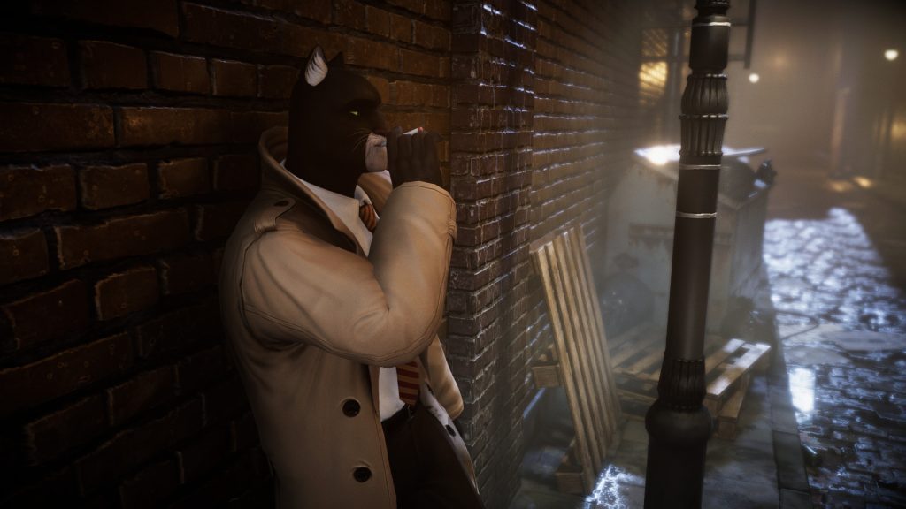 A feline detective holding a gun in a brick-lined alley in Blacksad: Under the Skin.