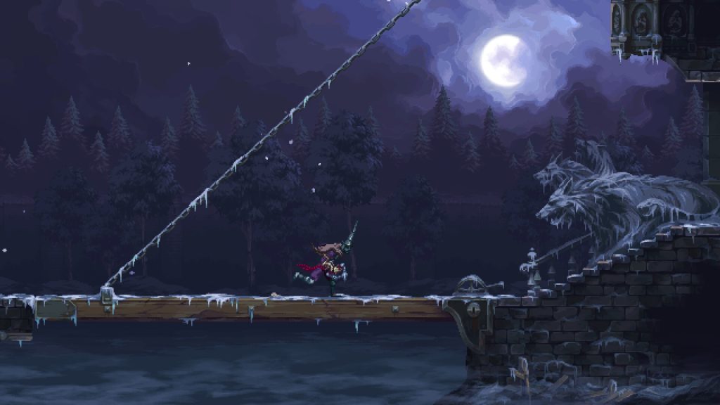A fight on a moonlit bridge in Blasphemous 2.