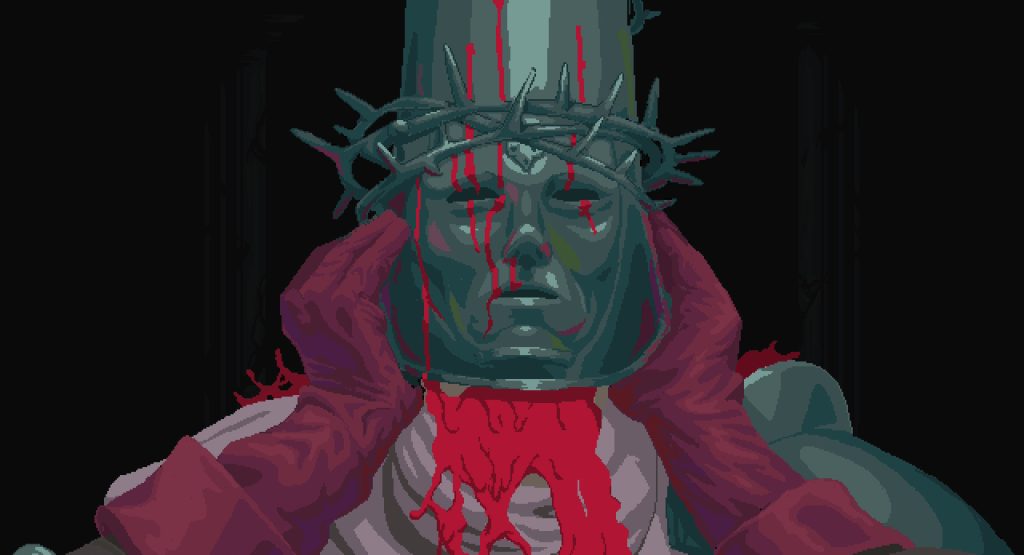 An illustrated figure wearing a crown of thorns in Blasphemous.