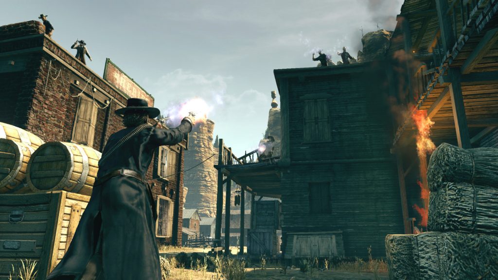 A gunfighter firing from cover in a frontier town in Call of Juarez: Bound in Blood.