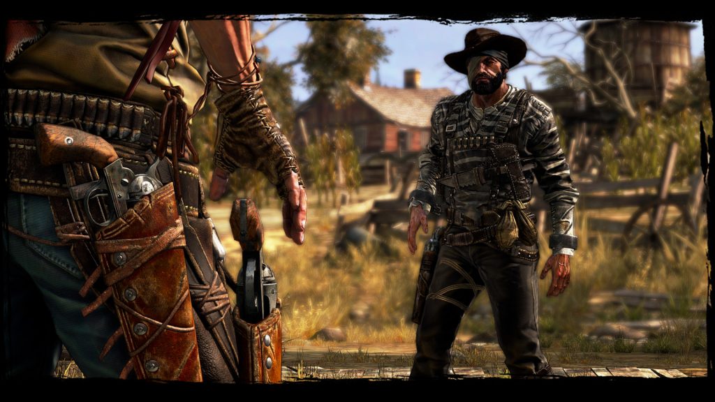 A gunfighter aiming at a western outlaw in Call of Juarez: Gunslinger.