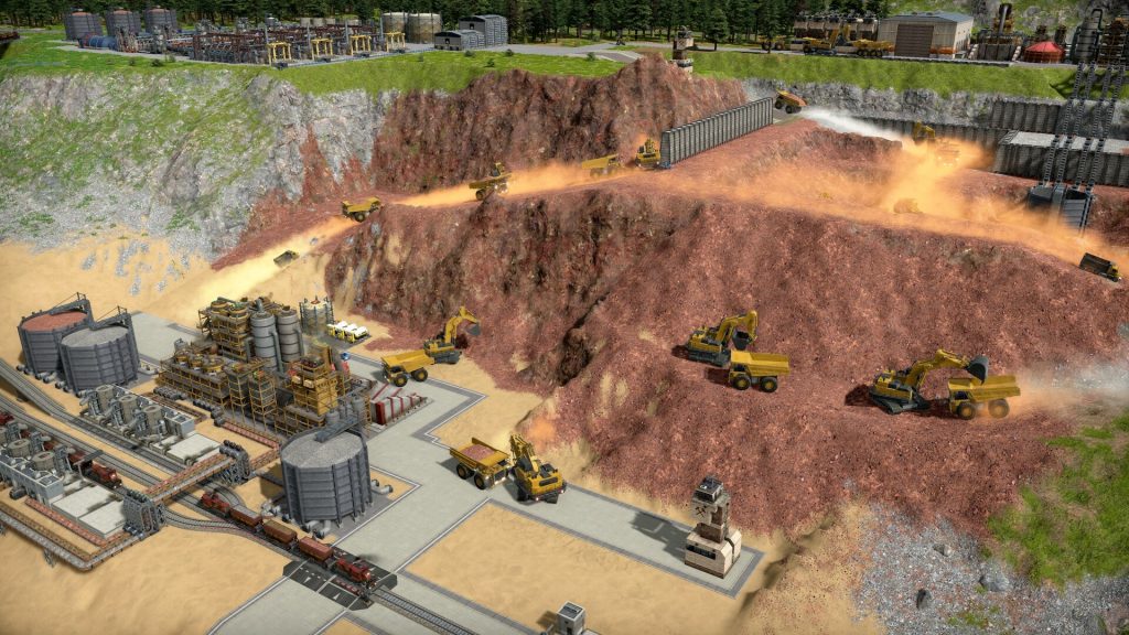 Mining vehicles reshaping a hillside beside industrial buildings in Captain of Industry.