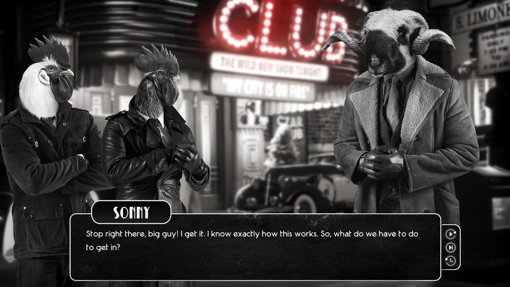 Animal detectives talking outside a nightclub in Chicken Police: Paint it RED!.