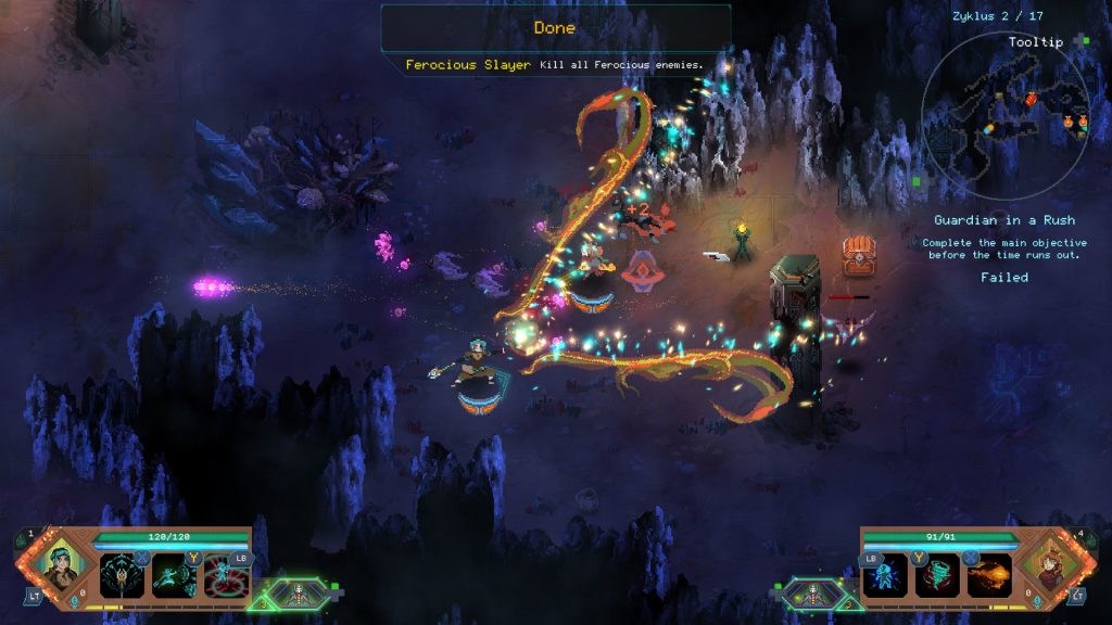 Heroes and enemies amid colourful attack effects in Children of Morta.