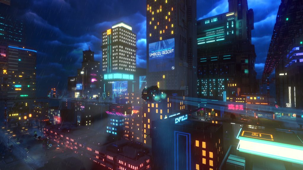 Neon-lit skyscrapers and flying vehicles above a futuristic city in Cloudpunk.