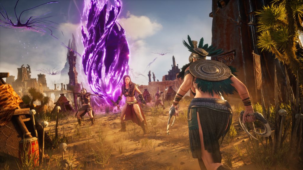 Warriors beside a glowing purple structure in Conan Exiles.