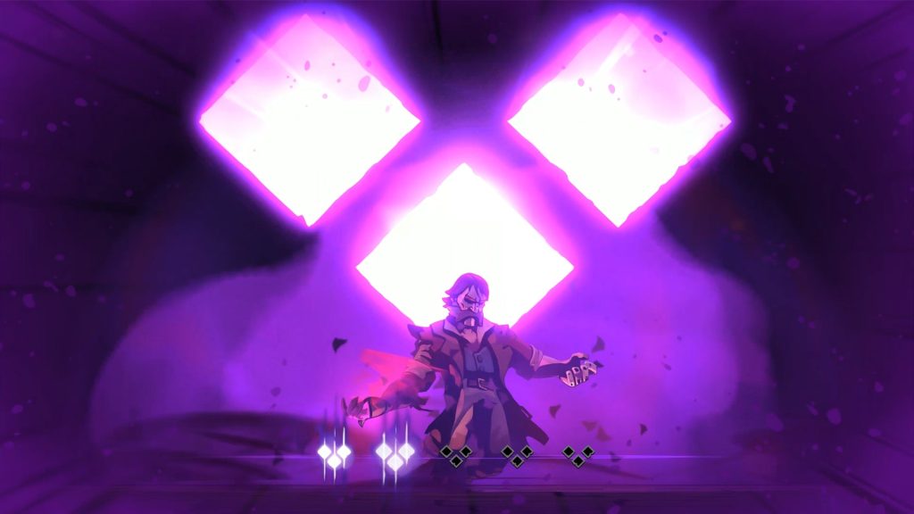 A character surrounded by glowing purple light in Curse of the Dead Gods.