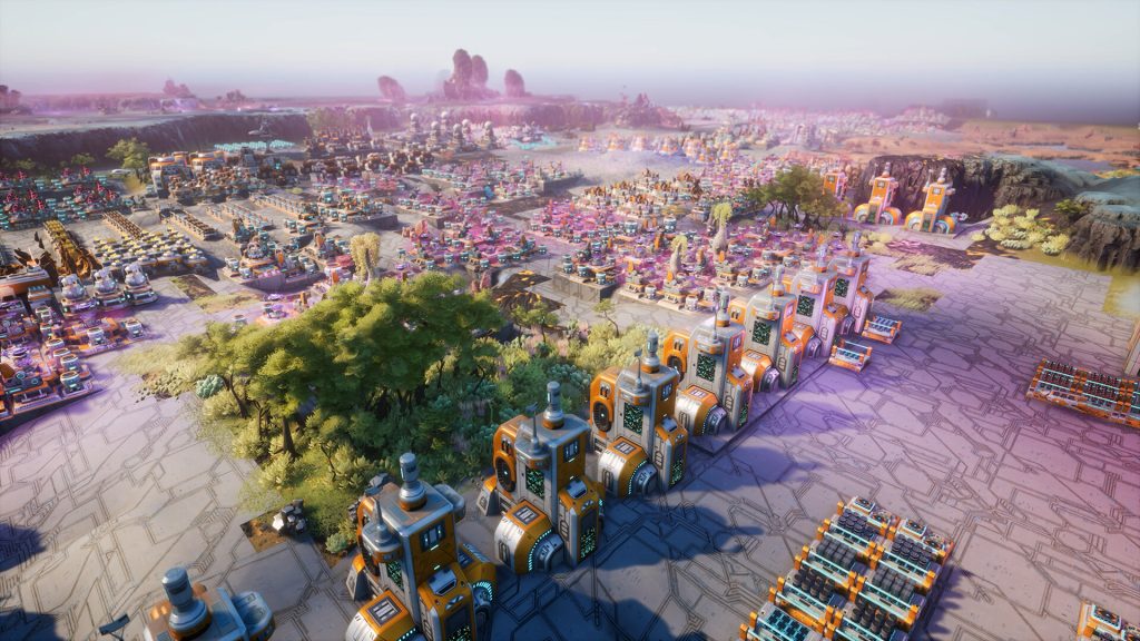 Rows of machines and buildings in a futuristic colony in Desynced.