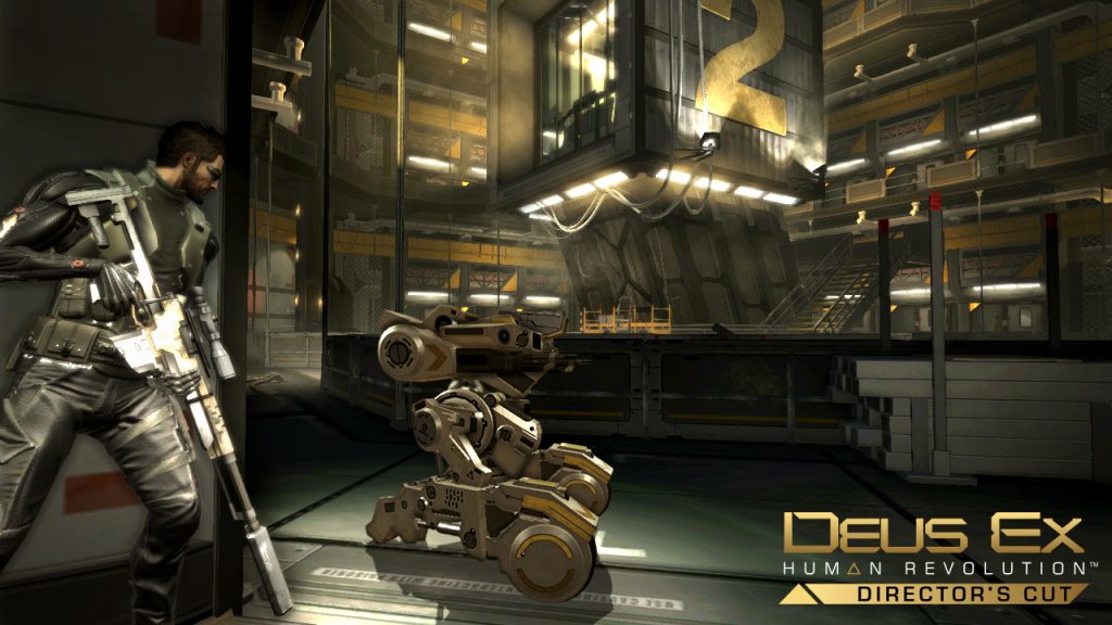 Adam Jensen holding a weapon in an industrial interior in Deus Ex: Human Revolution.