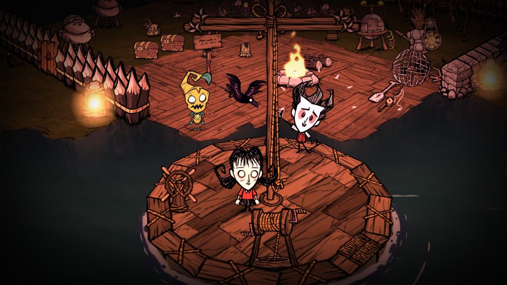 Characters gathered around a campfire at night in Don't Starve Together.