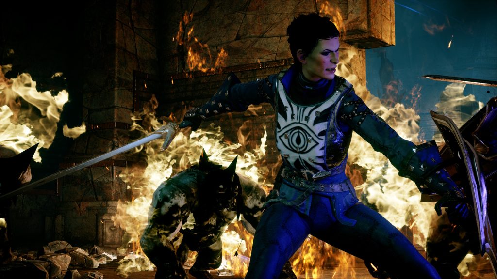 A character fighting amid fire and magical effects in Dragon Age: Inquisition.