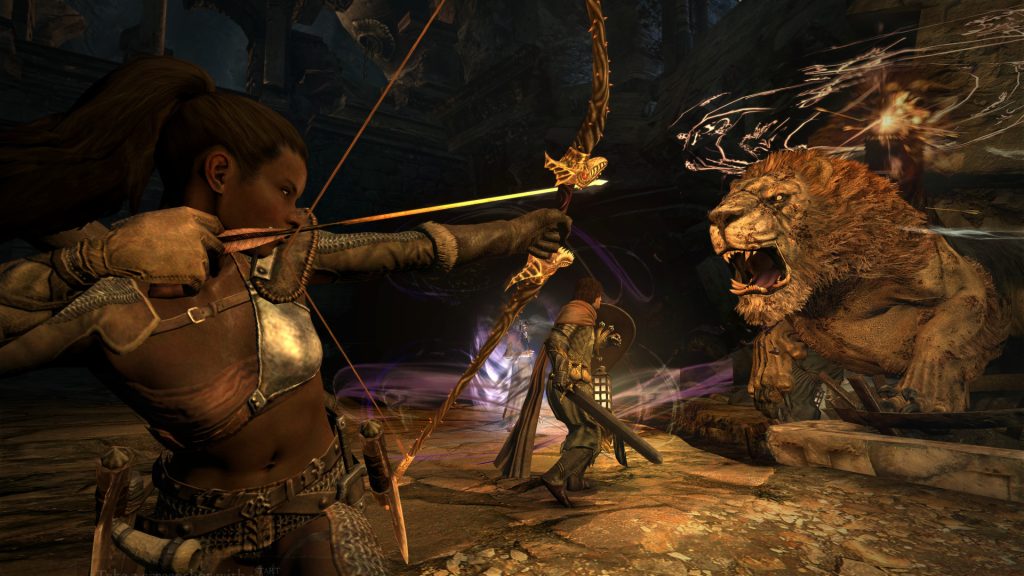 An archer confronting a large creature in Dragon's Dogma: Dark Arisen.