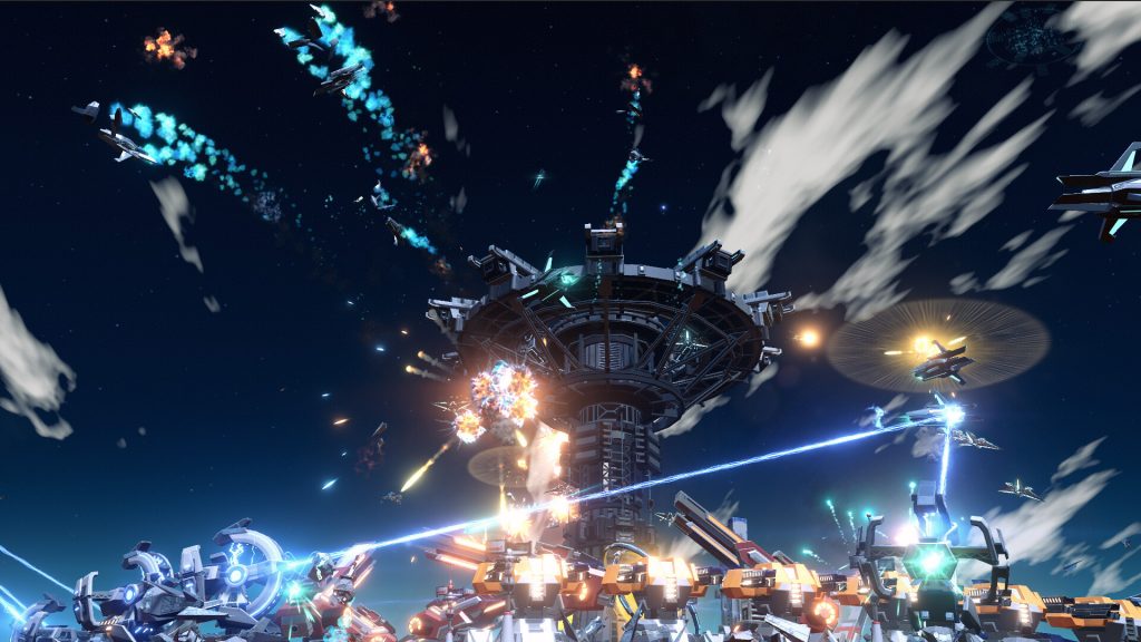 Industrial machinery and spacecraft above a planet in Dyson Sphere Program.