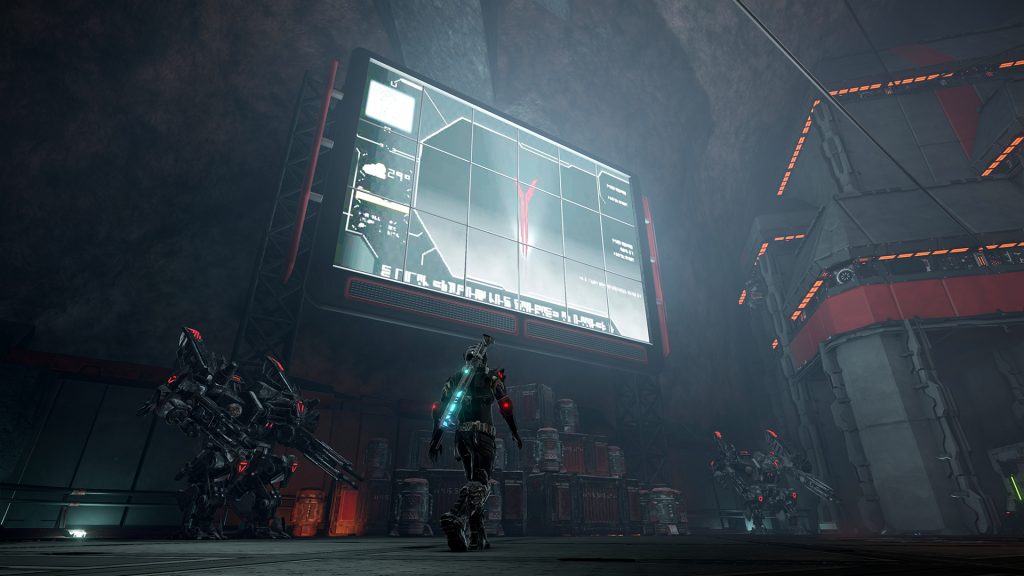 Characters beneath a large illuminated screen in a futuristic building in ELEX.