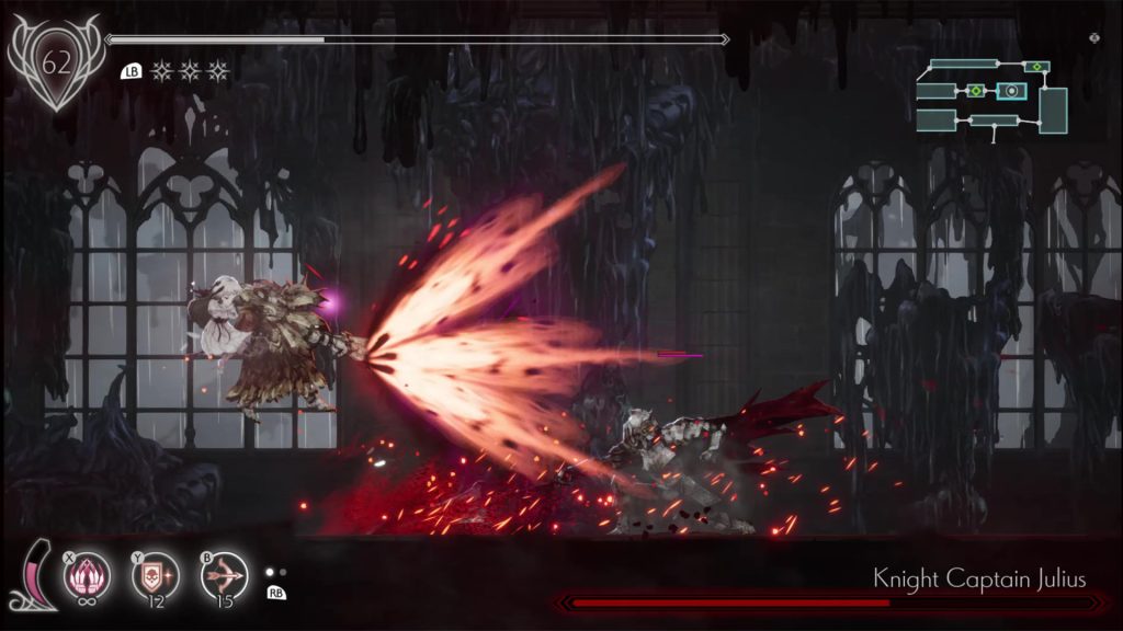 A character fighting a large enemy in a ruined hall in ENDER LILIES.