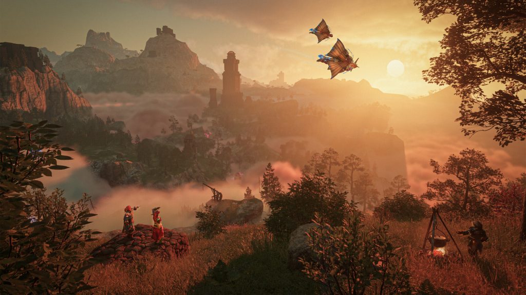 A character gliding over a fantasy landscape at sunset in Enshrouded.
