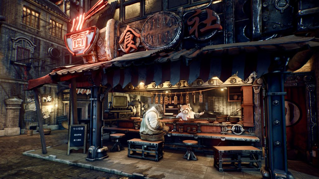 A mechanical rabbit character outside a neon-lit restaurant in F.I.S.T.: Forged In Shadow Torch.