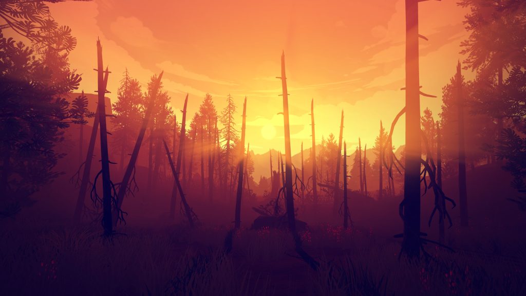 A forest landscape beneath a bright orange sunset in Firewatch.