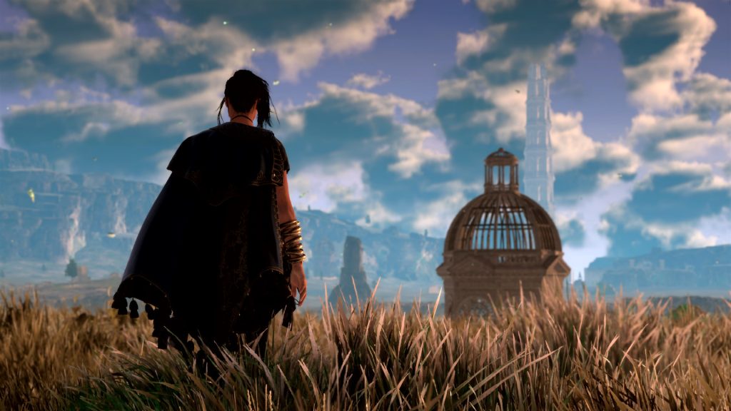 Frey overlooking a landscape with ruined towers in Forspoken.