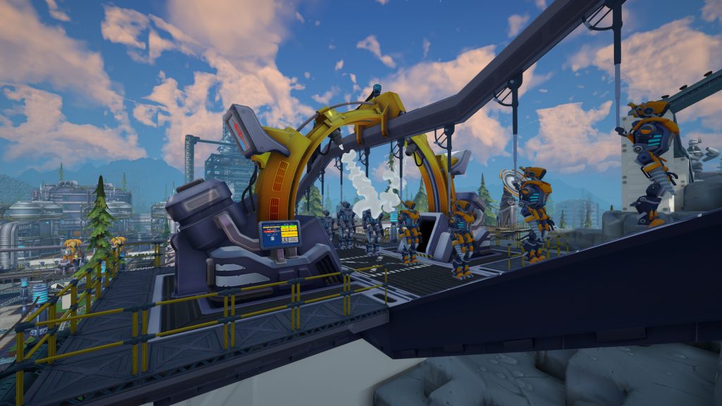 Yellow robotic arms working beside an automated production line in FOUNDRY.