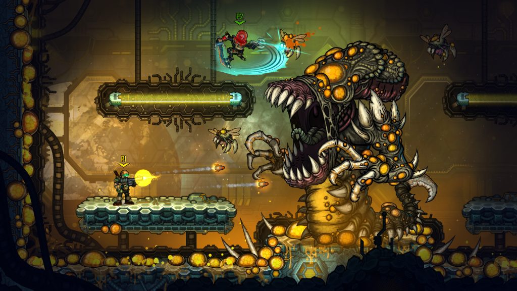 A hero shooting at a large monster in a comic-book setting in Fury Unleashed.