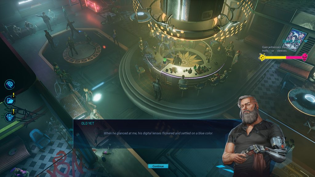A conversation with a character inside a futuristic environment in Gamedec.