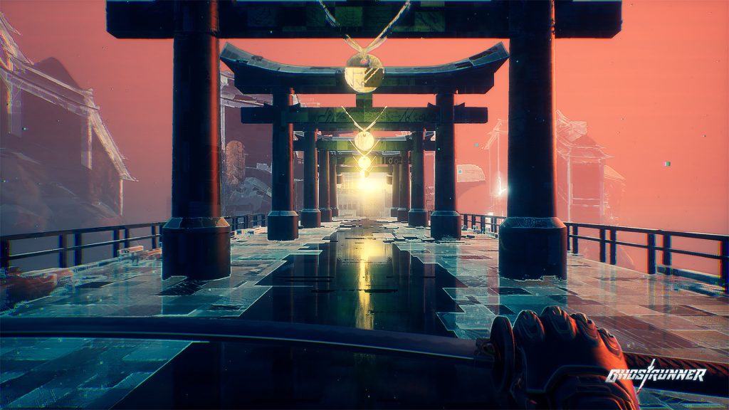 A first-person view of a sword and a brightly lit gate in Ghostrunner.