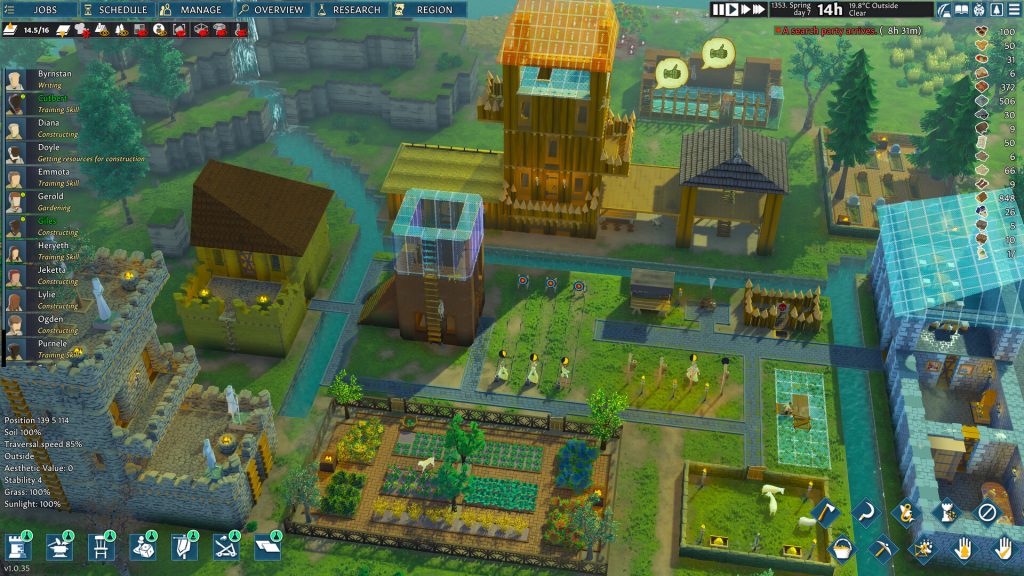 A medieval settlement with cultivated fields and multi-level buildings in Going Medieval.