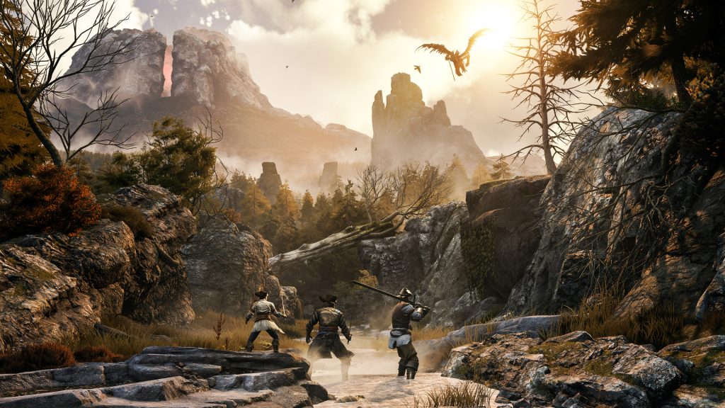 Adventurers crossing a rocky landscape beneath distant ruins in GreedFall.