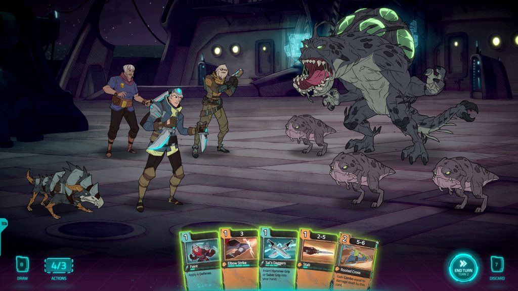 Characters facing off above a combat card hand in Griftlands.