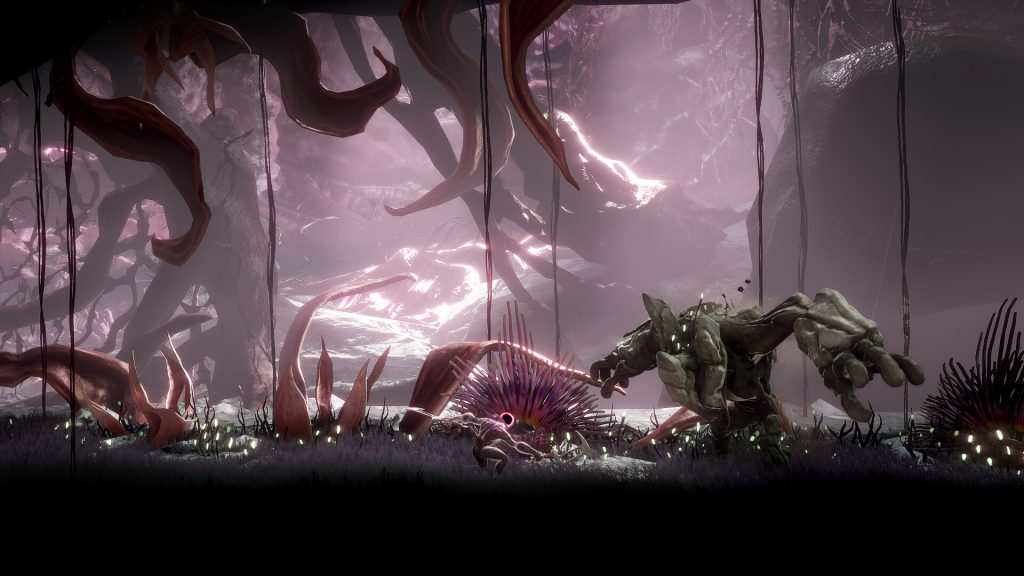 A fighter and a strange creature beneath twisted structures in GRIME.