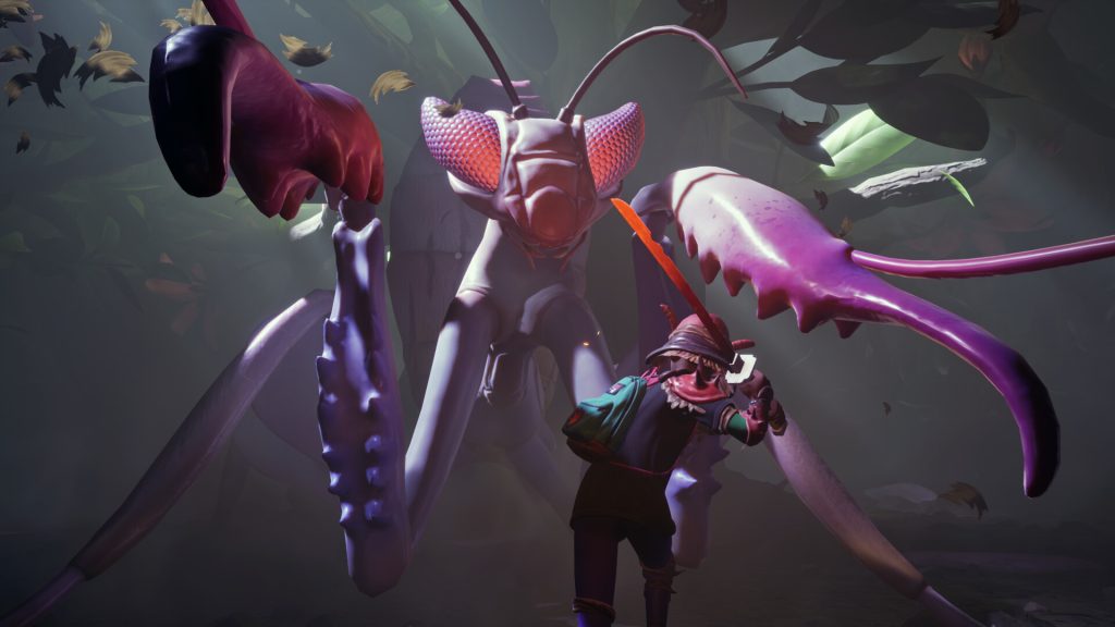 A tiny adventurer facing a giant insect in Grounded.