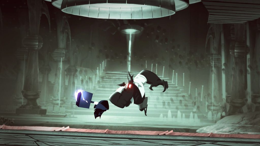 Death moving through a dim industrial hall in Have a Nice Death.