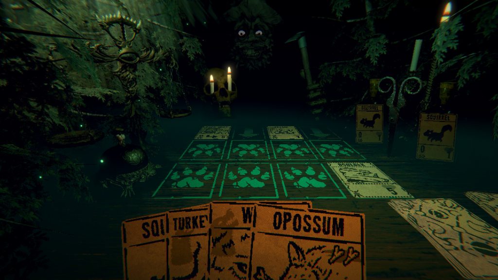 Cards laid on a wooden table inside a dark cabin in Inscryption.