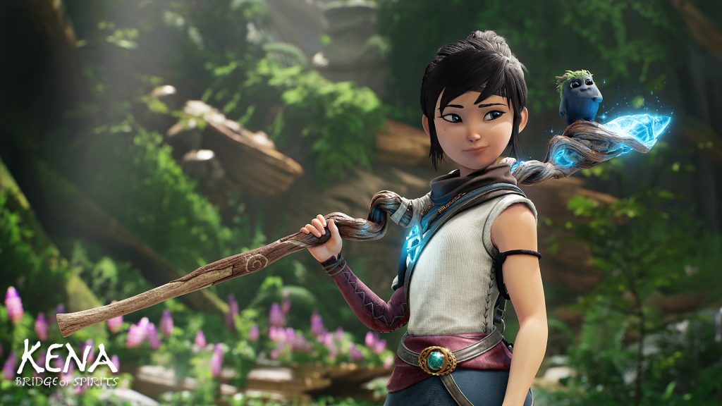 Kena holding her staff beside small spirit companions in Kena: Bridge of Spirits.